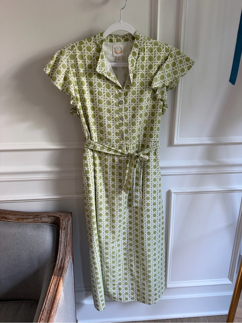 Button-Front Green Geometric Midi Dress with Tie Belt